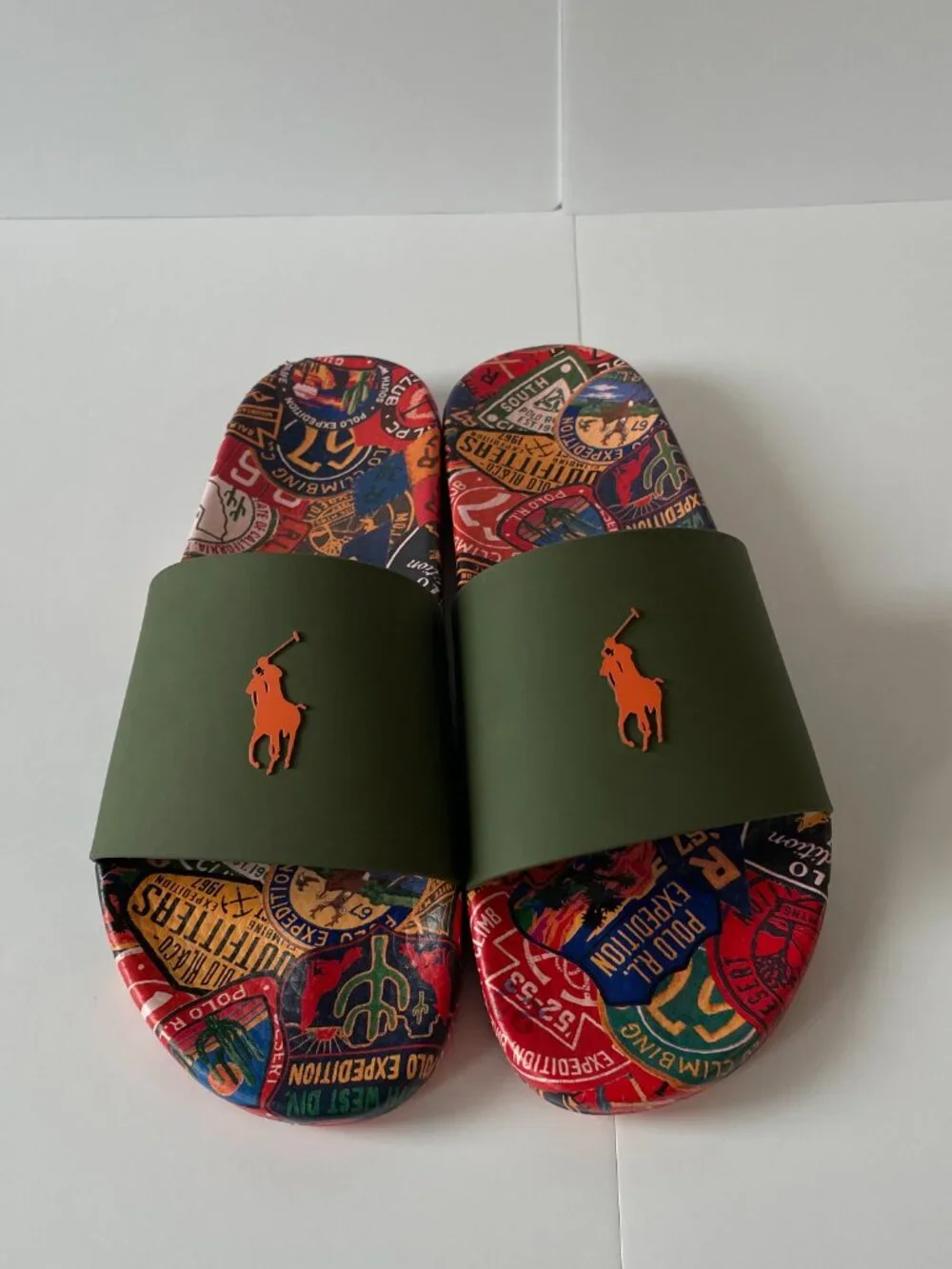 Polo Ralph Lauren Big Pony Print Slide Sandals Green Orange Patchwork Men US 15
